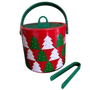 Giraffe MCM Christmas Bar Ware Ice Bucket With Tong Red Christmas Trees Vintage